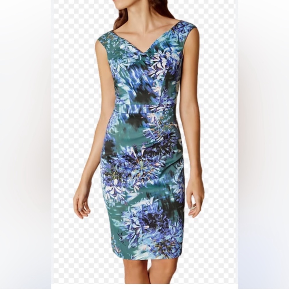 Karen Millen Green Floral Midi Dress with Blue Accents